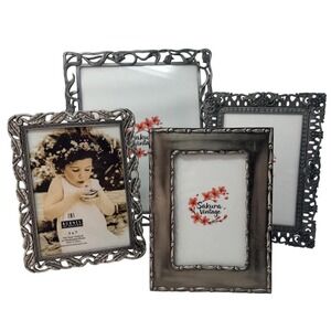 Set of 4 Vintage Pewter Photo Frames Ornate Floral Gallery Wall Collection